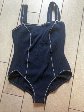 Vintage Navy One-Piece Swim Suit with White Piping